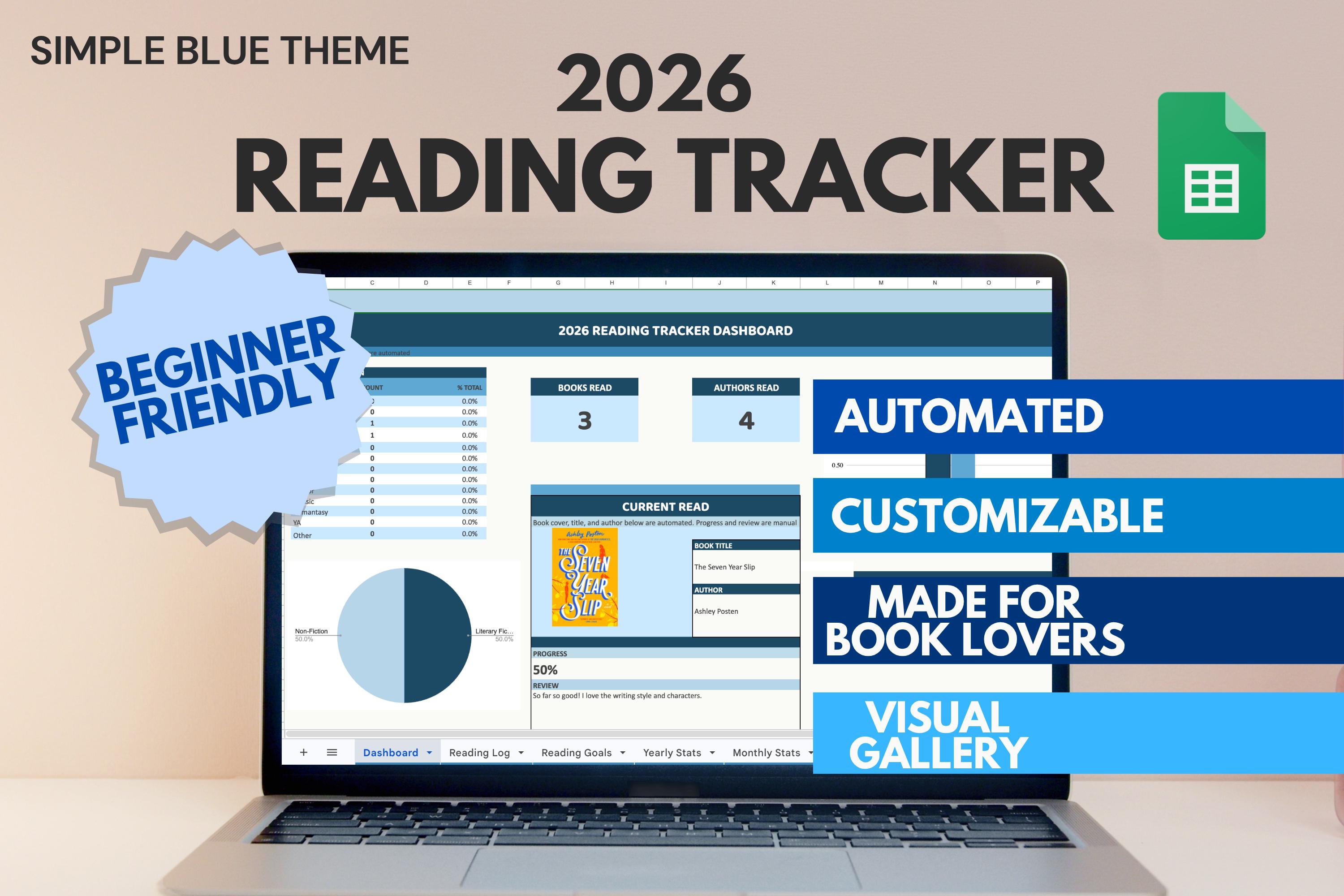 Automated Reading Tracker Spreadsheet | Blue Google Sheets Book Log ...
