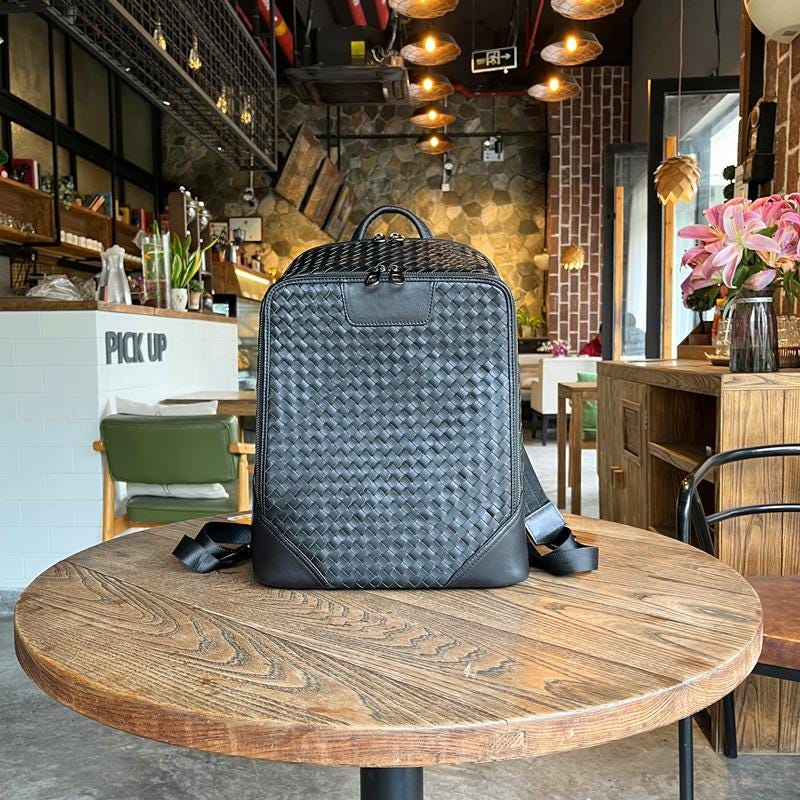 Woven Pattern Leather Backpack | Genuine Leather | Cowhide | Luxury | High-End