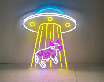 Alien Abduction Cow Neon Sign Lamp - Cow UFO Flying Saucer LED Neon Light
