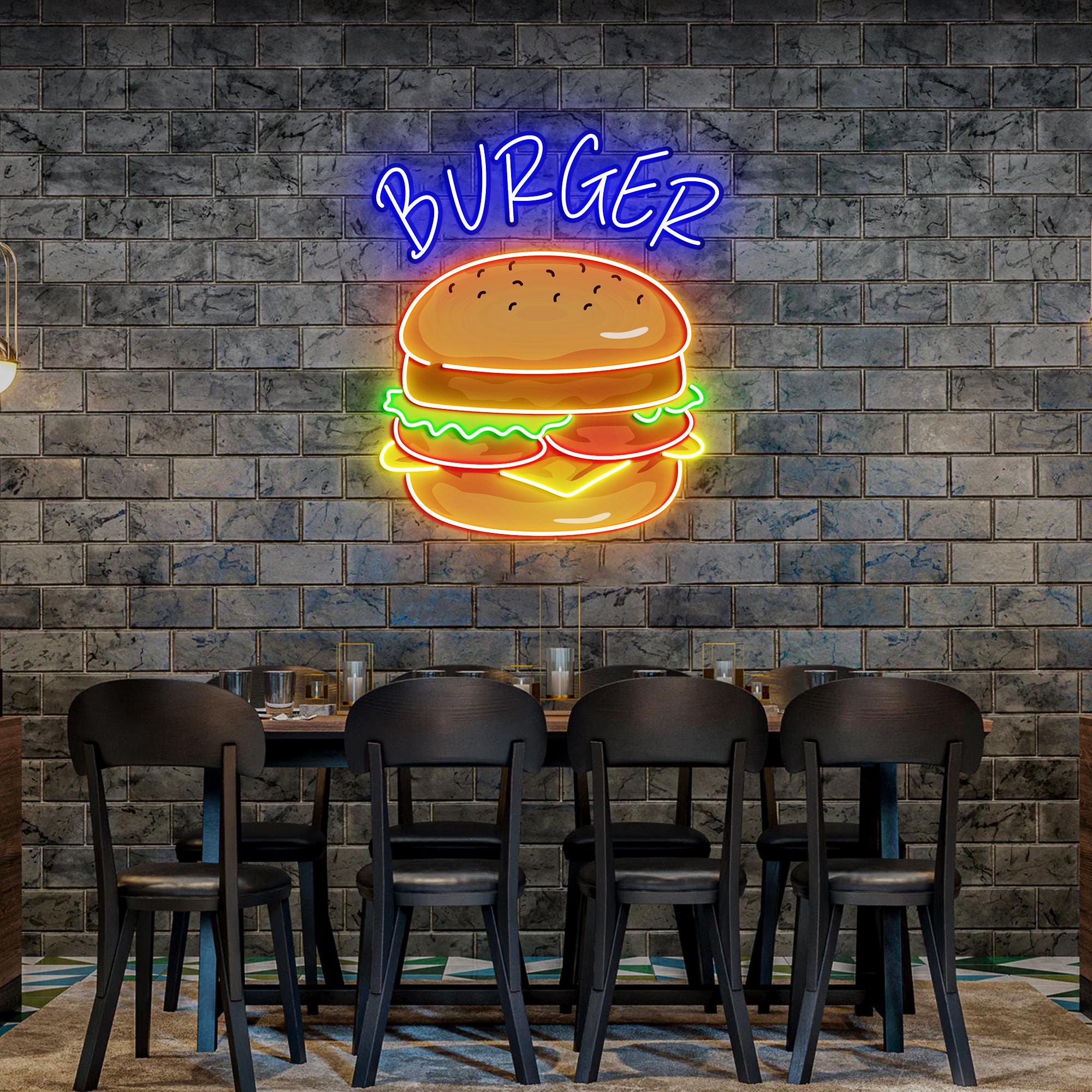 Burger Neon Sign, Burger Diner Restaurant Wall Printed Neon Sign ...