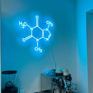 Molecola di caffeina, insegna al neon a LED, decorazione da parete Molecola di caffeina, arte della molecola del caffè, decorazione da parete del caffè, arte da appendere alla parete