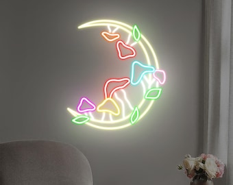 Moon Mushrooms Neon Sign LED Wall Light, Trippy Aesthetic Neon Wall Art for Bedroom, Bar, Game Room, Cool Psychedelic Room Decor