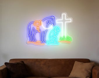 Cowboy Kneeling at Cross Neon Sign, Western Christian Wall Decor, Cowboy Prayer LED Neon Light, Western Christian Themed Wall Decor