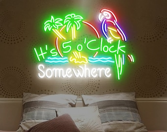 It's 5 O'clock Somewhere Neon Sign, Bar Led Sign, Parrot Neon Light, Beach Neon Sign, Cocktail Bar Sign, Tiki Bar Logo Neon Sign