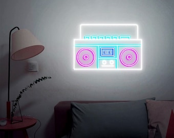 Neonskylt för högtalare, retro gammaldags högtalare, neonskylt för discoradio och ljudfest, neonskylt för 80-talsmusik, retroradioskylt, hiphop och rapmusikdekor