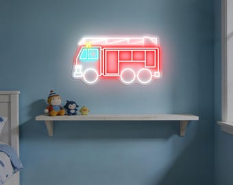 Fire Truck LED Neon Light for Boys Room Decor, Firefighter Theme Wall Light, Kids Bedroom Playroom Neon Sign, Red Fire Truck Decor