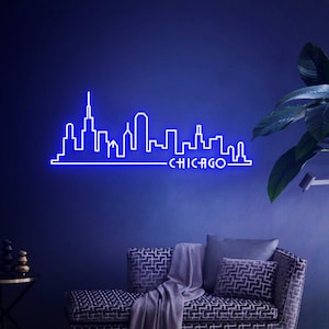 Insegna al neon della città di Chicago, arte dello skyline di Chicago per la decorazione della parete dell'ufficio domestico, regalo per i viaggi di Chicago, opere d'arte di Chicago