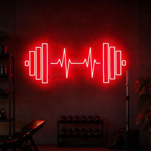 Barbell Heartbeat Neon Sign, Fitness Gym LED Wall Light for Home Gym or Workout Room, Motivational Weightlifting Decor for Bodybuilders