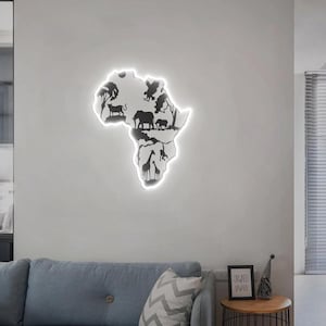 Insegna al neon con mappa dell'Africa, mappa dell'Africa con animali stampati, luce al neon da parete con tema safari africano, insegna con mappa dell'Africa, continente africano