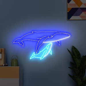 Whale Mother and Calf Neon Sign, Whale Mother and Baby Sign, Whale Art Coastal Nautical Beach Decor, Whale and Calf