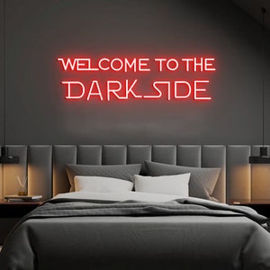 Benvenuti nel lato oscuro, insegna luminosa al neon, insegne al neon per sala giochi, caverna dell'uomo, decorazione da parete per camera da letto, regalo di compleanno