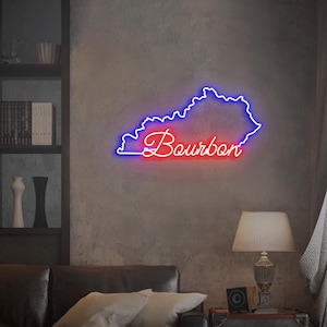 Letrero de neón de Kentucky Bourbon, contorno de Kentucky con bourbon, luz de neón de pared para bar de bourbon de Kentucky, decoración de pared para habitación de Kentucky, letrero artístico para bar de bourbon