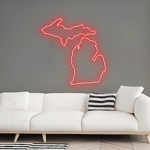 Enseigne au néon de l'État du Michigan, décoration néon, enseigne LED État du Michigan, néons de carte de l'État du Michigan, décoration murale carte de l'État du Michigan