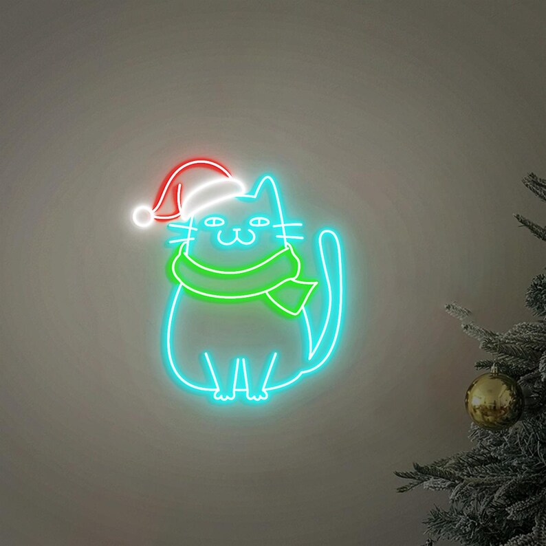 Meowy Christmas Neon Sign, Christmas Cat Home Decor, Cute Cat for