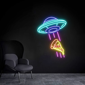 Cool UFO Neon Sign, Kidnapping Pizza Neon Sign, Creative UFO Wall Decor, Neon Bar Sign, Birthday Gift, Flying Saucer Bedroom Neon Light Sign