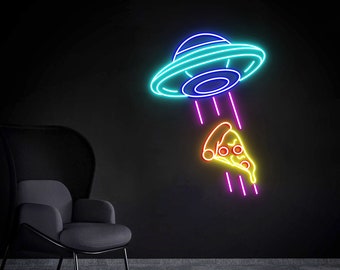 Cool UFO Neon Sign, Kidnapping Pizza Neon Sign, Creative UFO Wall Decor, Neon Bar Sign, Birthday Gift, Flying Saucer Bedroom Neon Light Sign