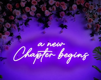 Letrero de neón "A New Chapter Begins", decoración de fondo para baby shower nupcial con temática de libros, letrero de fondo con luz de neón para despedida de soltera