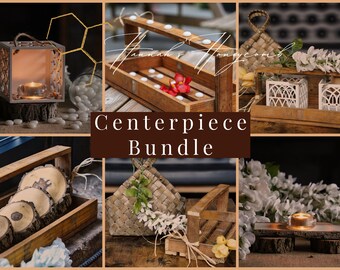 May include: A set of rustic wooden centrepieces for weddings or special events. The set includes a wooden crate with candles, a wooden crate with wood rounds, a wooden crate with a woven basket and flowers, and a wooden tray with candles and flowers.