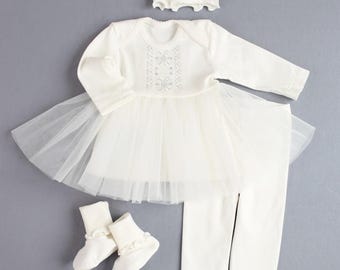 Embroidered Baptism Set for Girl, 100% Cotton Christening Outfit