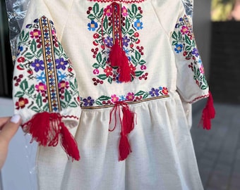 Embroidered Linen Vyshyvanka Dress, Ukrainian Floral Shirt