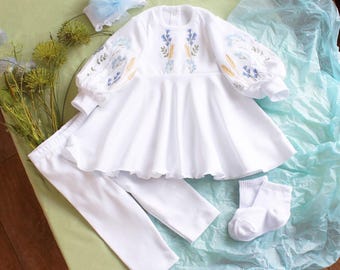 Baby Girl Christening Outfit | Embroidered Baptism Set | White Cotton Ukrainian Vyshyvanka Dress | Interlock Fabric
