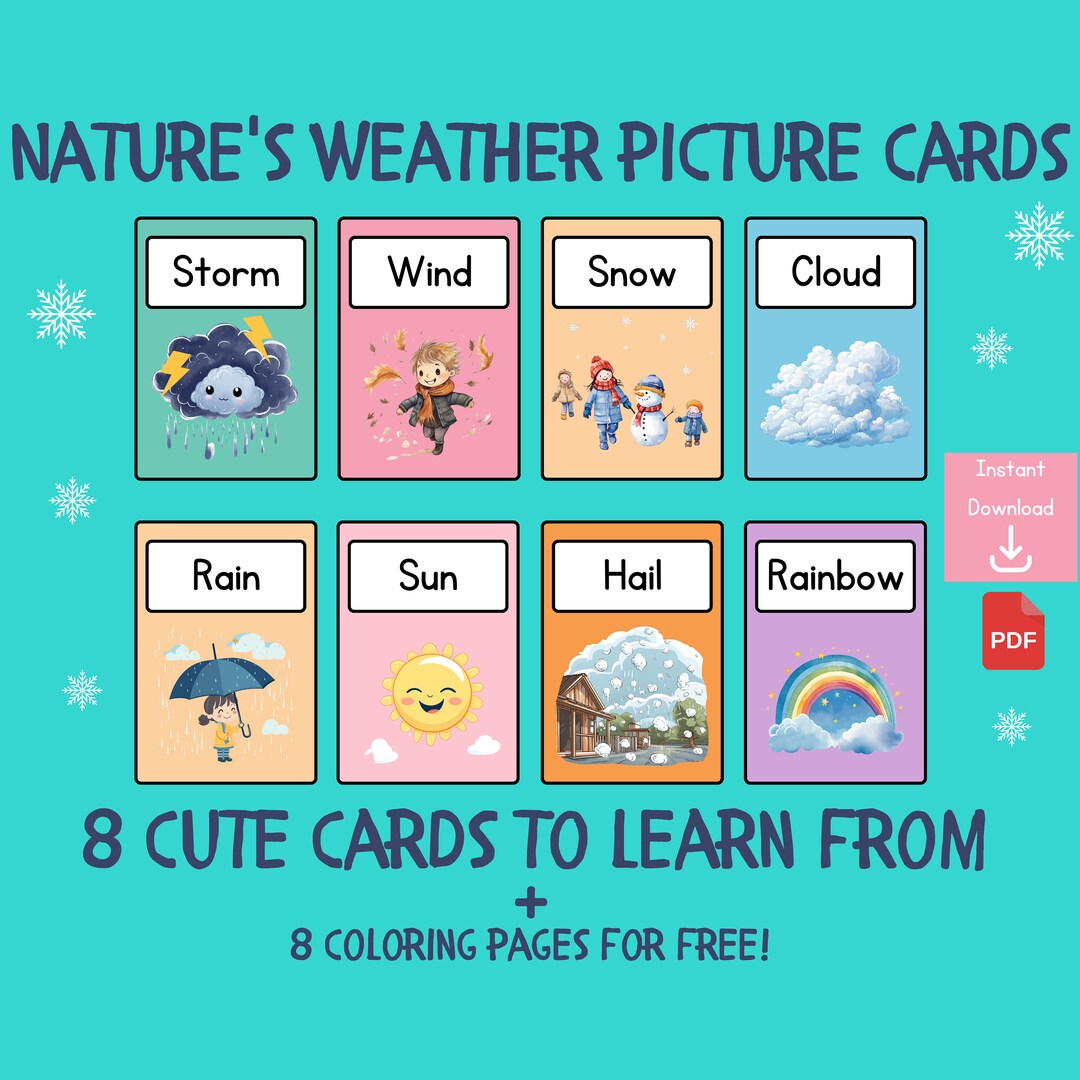 Weather Flash Cards 8 Montessori Flash Cards for Kids Learning Etsy