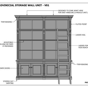 May include: A French Provincial style storage wall unit with a ladder, adjustable shelves, and lower doors. The unit is designed to come apart for easy handling. The text "French Provincial Storage Wall Unit - V01 2 Module" is at the top of the image. The text "Paint or Stain" is at the bottom of the image.