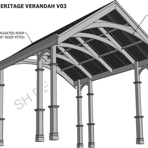 Traditioneller Heritage Carport / Veranda - V03 - Vollständige Gebäudepläne in 3D und 2D (Imperialmaße)