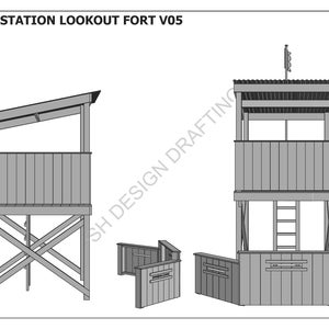 May include: A black and white line drawing of a two-story wooden fort with a lookout tower. The fort has a flag on top and a ladder on the side. The fort is labeled "BATTLE STATION LOOKOUT FORT V05".