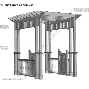 May include: A traditional entrance arbor with a grape vine roof, unique federation timber trims, and balustrade rail panels. The gates are in a swung open position.