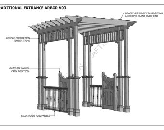 Grape Vine Entrance Arbor - with gates and balustrade V3 - Building Plans (metric dimensions)