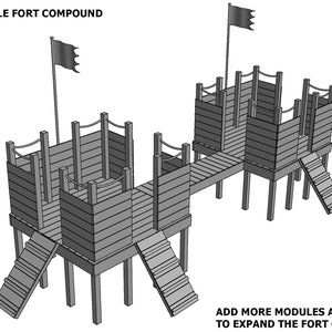 May include: A wooden fort playset with two towers connected by a bridge. The fort has a gray color and features ladders and flags. The text "DUAL MODULE FORT COMPOUND" and "ADD MORE MODULES AND BRIDGES TO EXPAND THE FORT COMPOUND" is visible in the image.