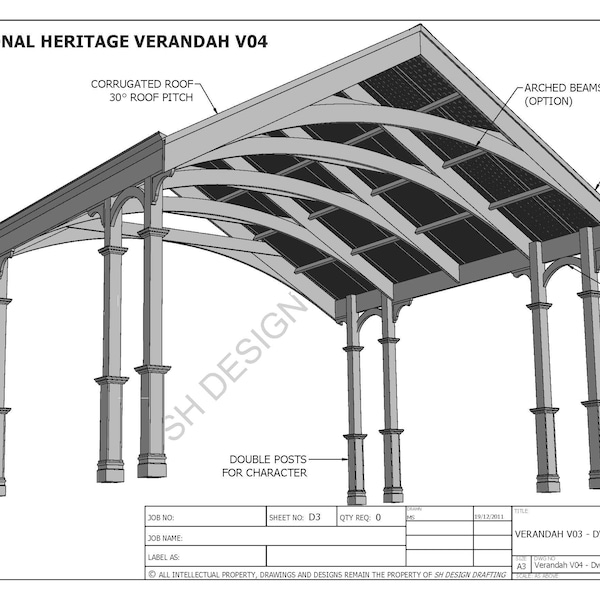 Traditioneller Heritage Carport / Veranda - V04 - Vollständige Gebäudepläne in 3D und 2D (metrische Abmessungen)