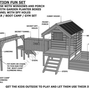 Cubby House - Playhouse V03 Combination with Sand Pit + Tunnel + Play Gym - Building Plans V1 (imperial dimensions)