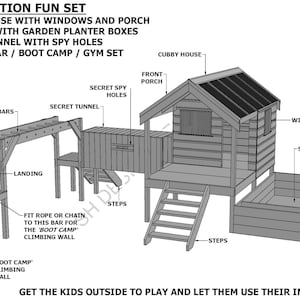 Cubby House - Playhouse V03 Combination with Sand Pit + Tunnel + Play Gym - Building Plans V1 (imperial dimensions)