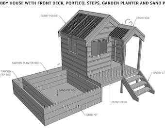 Cubby House - Spielhaus mit Windfang und Deck - "Kombination mit Sandkasten V01" (metrische Maße)