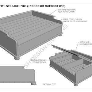 May include: A gray wooden pet bed with storage. The bed has a raised headrest and a removable lid that reveals internal storage compartments. The bed is designed for indoor or outdoor use.