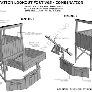 Cubby House - Playhouse Treehouse Combat Fort V05 with Bunker Barricade, Trap Door, Seesaw, Sandpit - Building Plans (metric dimensions)