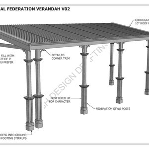 Traditional Flat Roof Verandah - V02 - Full Building Plans in 3D and 2D (metric dimensions)