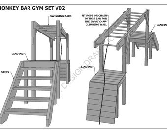 May include: A wooden monkey bar gym set with a ladder, steps, and a platform. The set is designed for outdoor use and is perfect for kids to play on. The set is made of sturdy wood and has a natural finish.