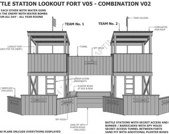 May include: A black and white line drawing of a wooden fort with two towers, a tunnel, and a sand pit. The fort is labeled "Battle Station Lookout Fort V05 - Combination V02".