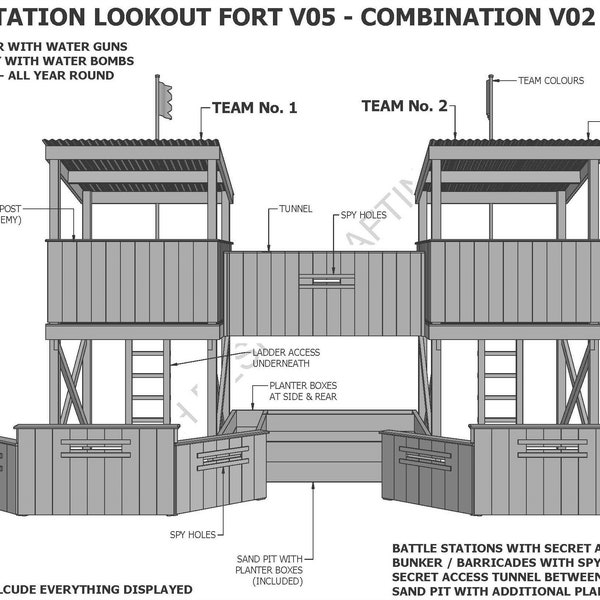 Cubby House - Playhouse Treehouse Combat Fort V05 with Bunker Barricade, Trap Door, Tunnel, Sandpit - Building Plans (imperial dimensions)