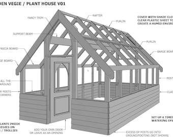 Greenhouse Garden House V01 - Grow veggies and plants - Building Plans 3D and 2D (imperial dimensions)