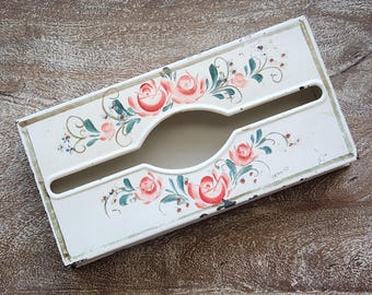 Vintage Floral Rose Metal Toleware Tissue Box Holder Tabletop Wall Mount