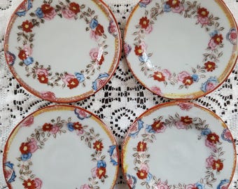 Juego de 4 platos de porcelana vintage pintados a mano con motivos florales para mantequilla