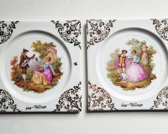 Bandejas cuadradas de porcelana de Limoges vintage para guardar objetos pequeños, juego de escenas de una pareja de enamorados de Fragonard.