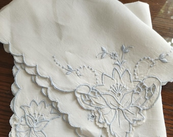 Vintage Madeira Hand Embroidered Linen White Baby Blue Doilies Set Of 2