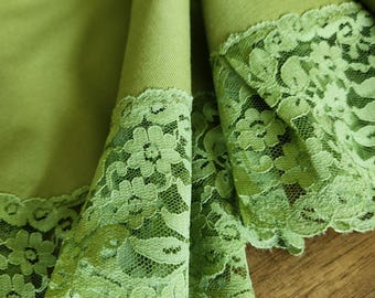 Mantel redondo vintage de los años 70, color verde aguacate, con ribete de encaje (162 cm de diámetro).