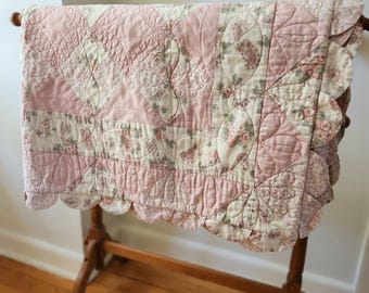 Vintage Handmade Patchwork Quilt: Pink Roses, Paisley, Gingham, Scalloped Edges Cotton 57x44