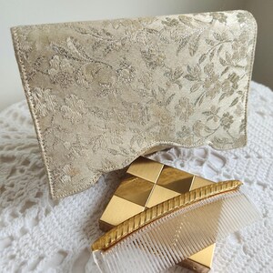 Vintage Silver Gold Brocade Fold Over Clutch Purse With Powder Case Comb